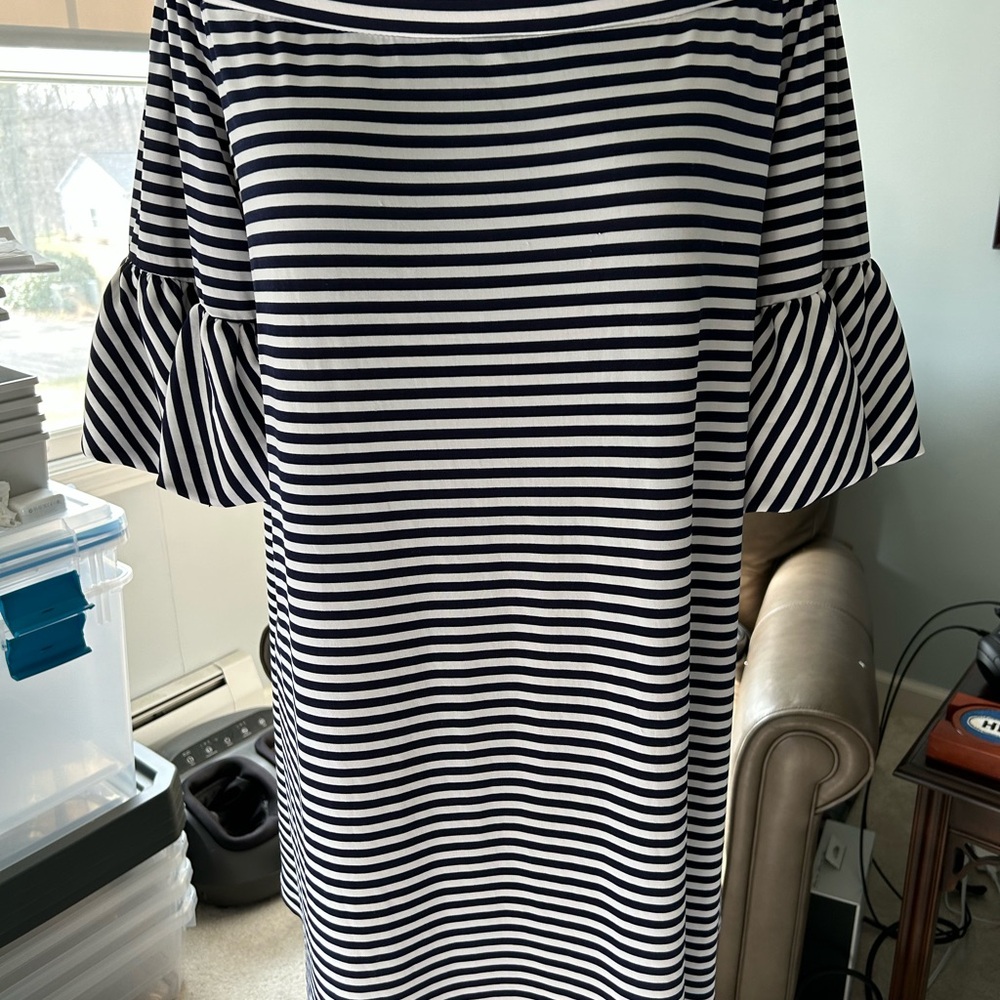 Donna Morgan Navy and White Striped Midi Dress with Ruffle Sleeves